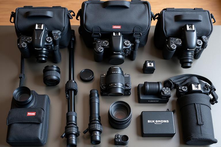 プロ用カメラ、さまざまなレンズ、三脚を備えた写真機材テーブル