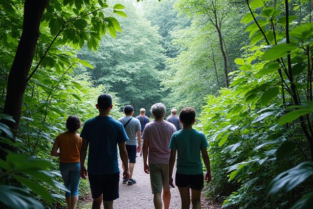 豊かな緑の森の中を歩くツアーグループ